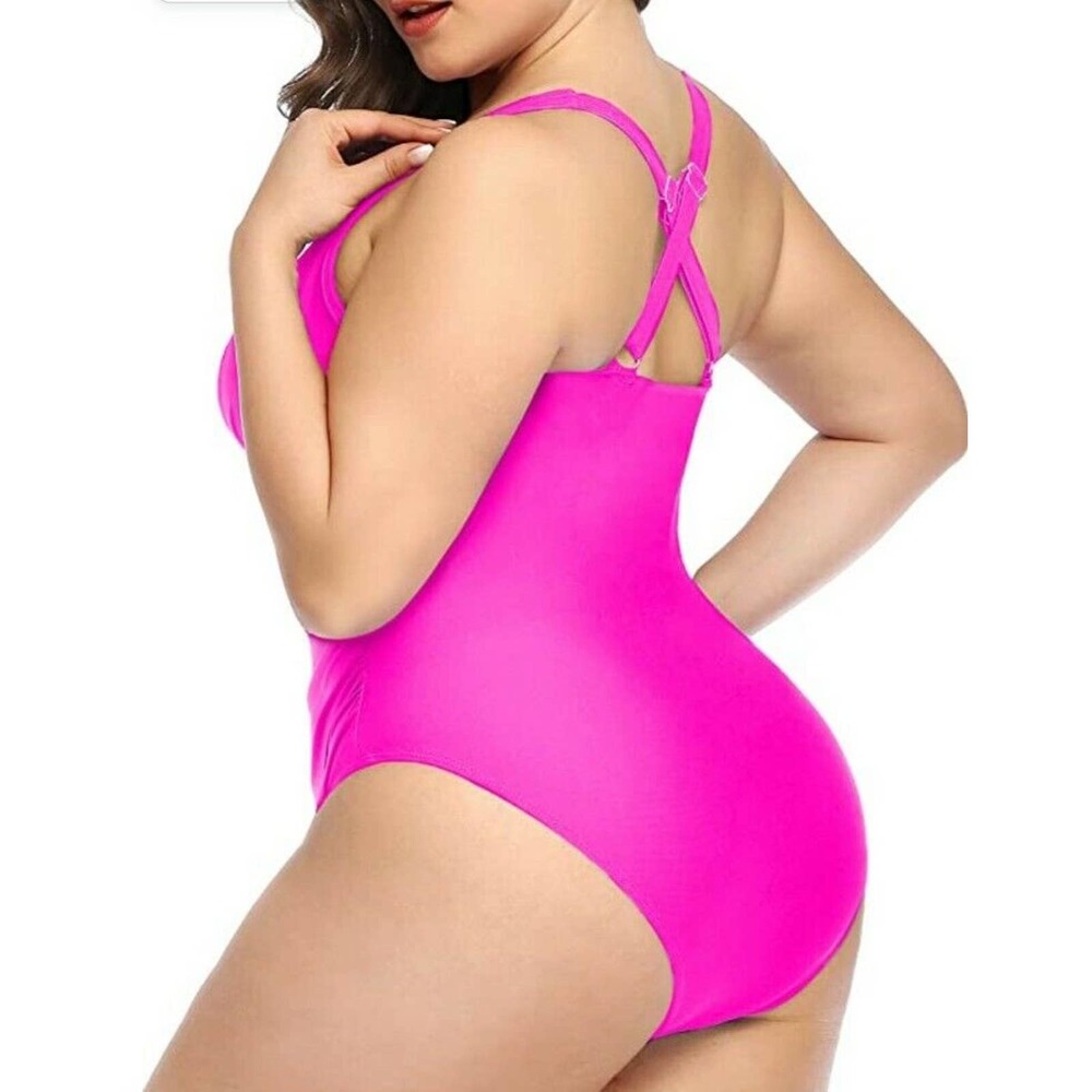 Yonique NEW Women Swimsuit Size 18 Pink Tummy Control Criss Cross V-Neck. - Picture 2 of 7